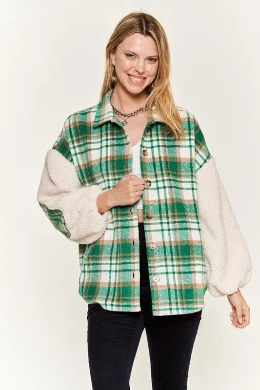 Multi plaid fuzzy sleeve jacket JJO1023 Jade By Jane