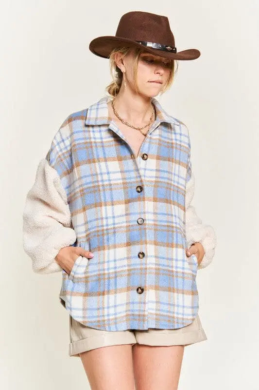 Multi plaid fuzzy sleeve jacket JJO1023 Jade By Jane