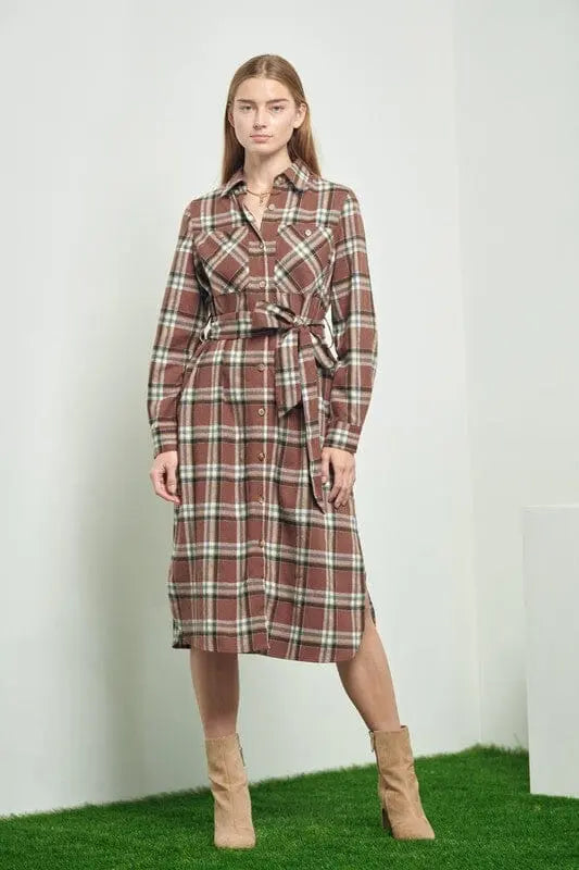 PLAID PRINT COLLAR LONG SHIRT DRESS Jade By Jane MAUVE S 