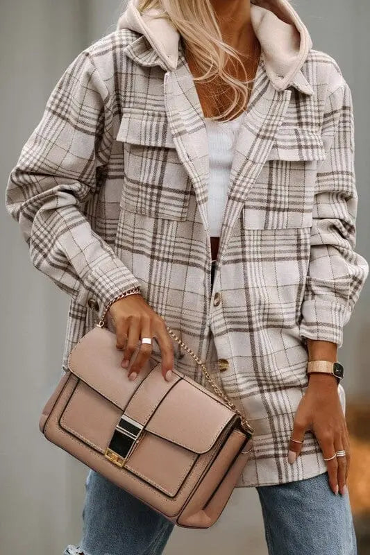Plaid Removable Hood Buttoned Shacket SHEWIN INC. khaki sw854509-16 S 